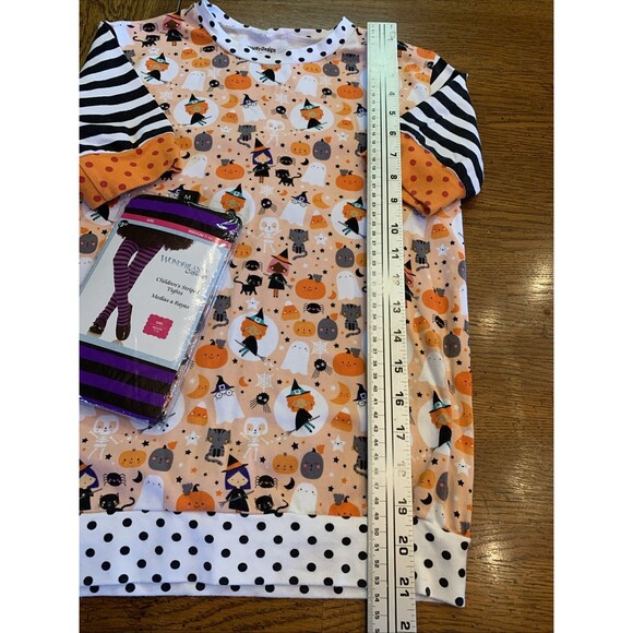 New!  Girl’s Medium 7/10 Halloween Shirt Dress & Striped Tights Adorable Bundle - Picture 3 of 9